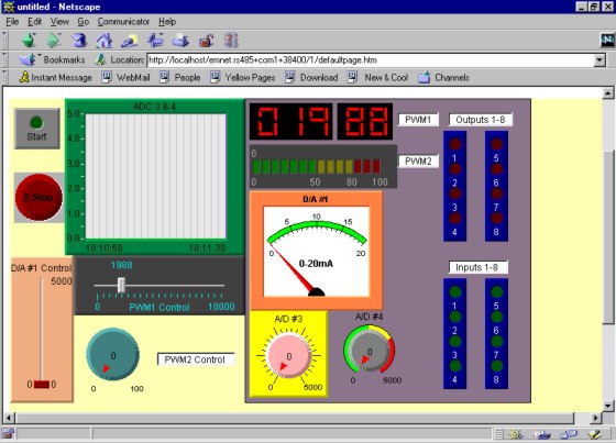 Netscape 4.0 + Java Applet of T100MD1616+. You can monitor the digital inputs, control the two PWM channels and 1 D/A output, read 2 analog input values and record a time chart for the values of the analog data.